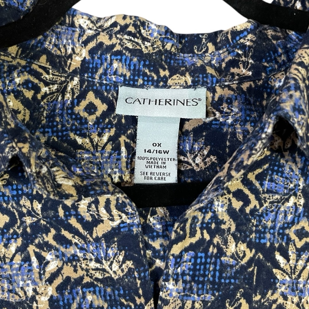 Catherines Blue Tan Abstract Leaf Print Button Down Blouse‎ 14/16W Boho Western* - Picture 7 of 7